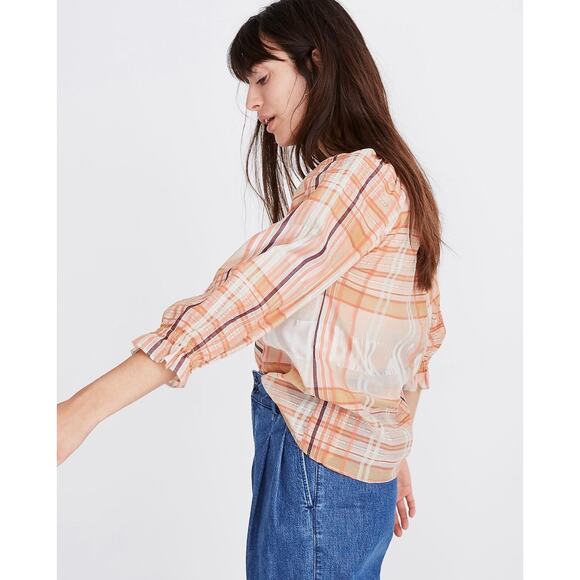 MADEWELL Plaid Tie Neck Ruffle Top Womens XXS Cream Orange 3/4 Sleeve Blouse - Picture 2 of 15